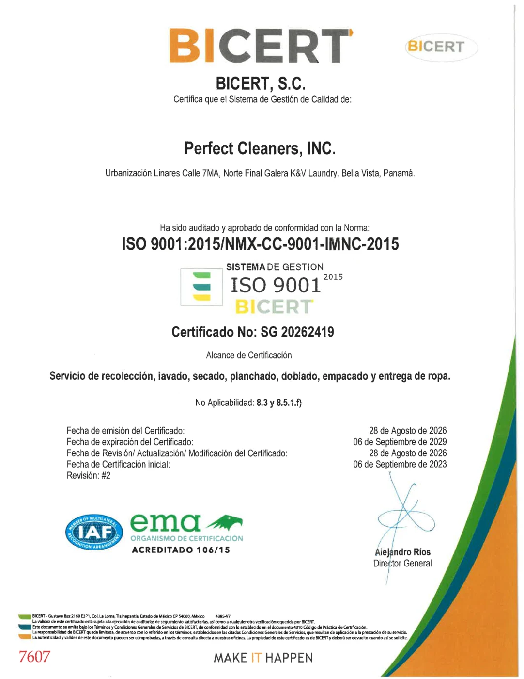 Certificado ISO 9001:2015 de Perfect Cleaners